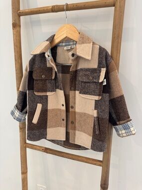 Goldie + Ace Plaid Wool-Blend Shacket in Brown and Cream
